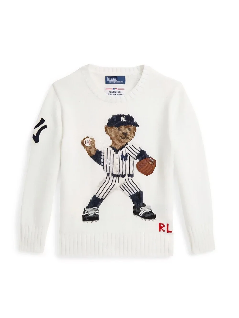 Yankees Polo Ralph Lauren Preschool Bear Pullover Sweater - White - Size 7